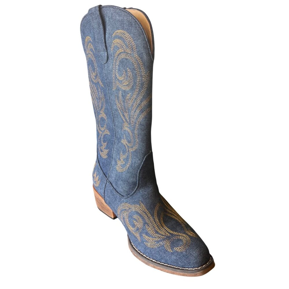 Roper Denim Embroidered Western Cowboy Boots Women’s Size 9 Blue Gold Stitch New - Picture 8 of 14